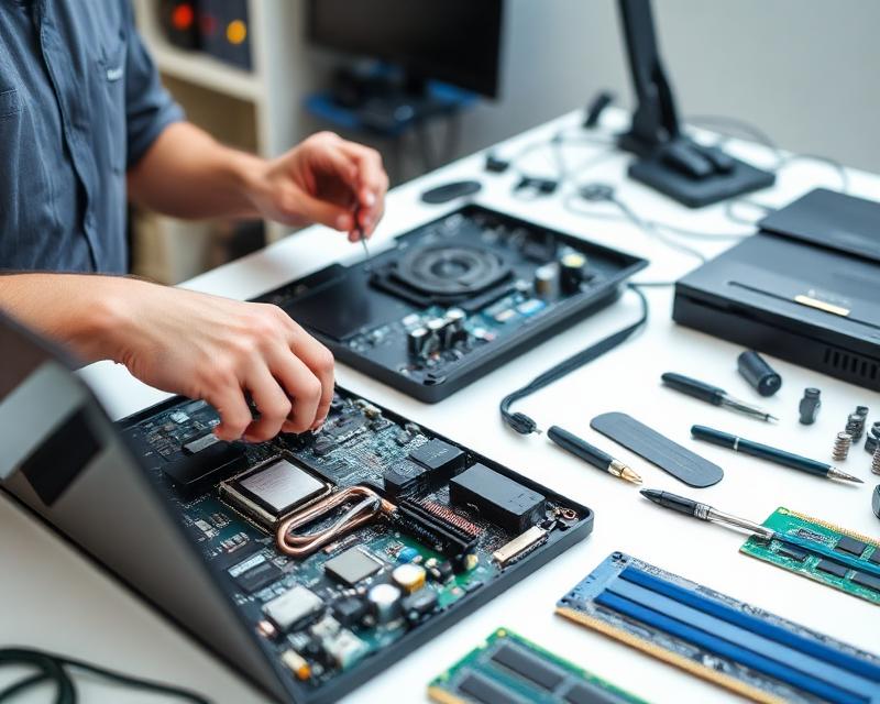 Computer repair technician working on laptop